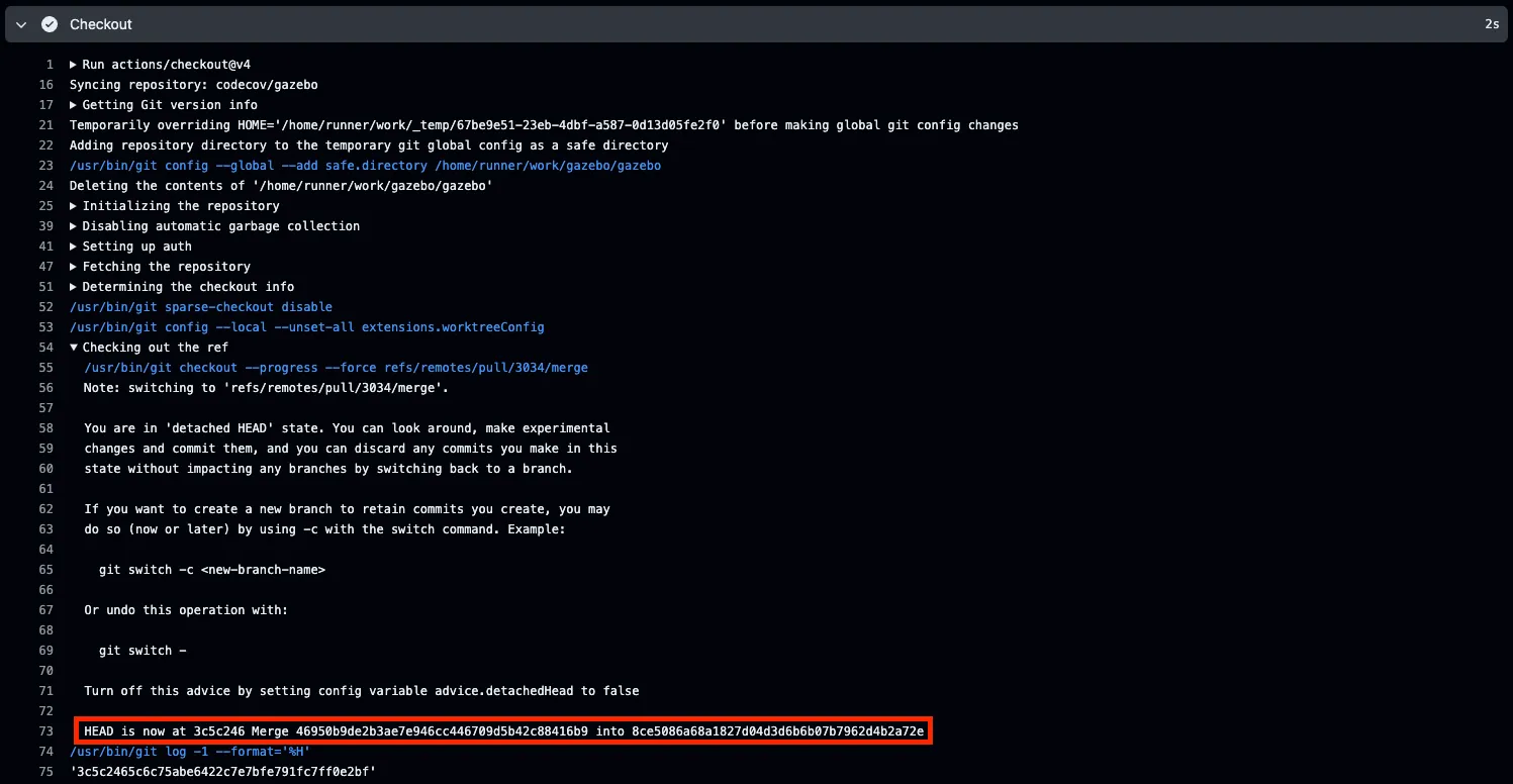 Image of GitHub Action checkout action, with a line highlighted showing the merge commit