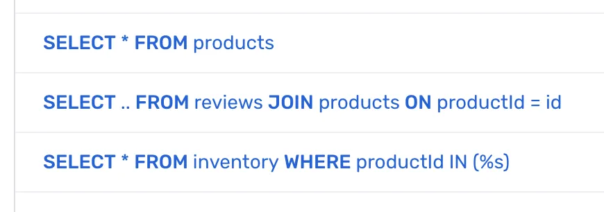 A screenshot of a list of SQL queries where the keywords are slightly bolder than the other text